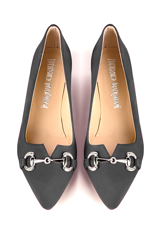 Dark grey women's dress pumps,with a square neckline. Tapered toe. Low flare heels. Top view - Florence KOOIJMAN